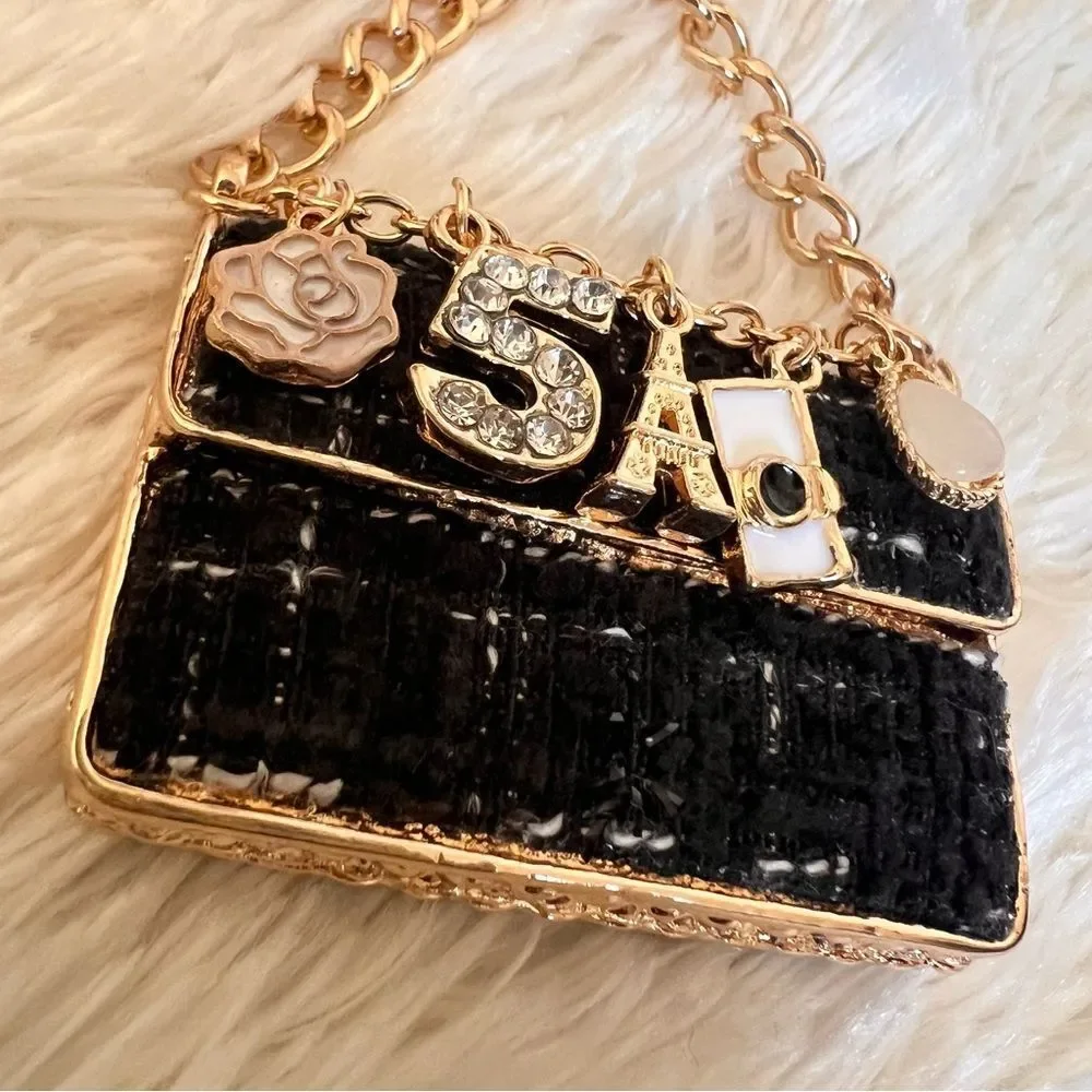Elegant Black and Gold Plaid Bag Keychain Bag Charm NEW